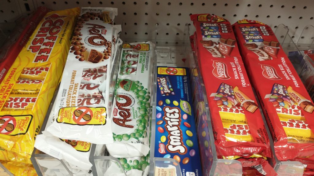 snack size chocolate bars for sale: Coffee Crisp, Aero, and Smarties