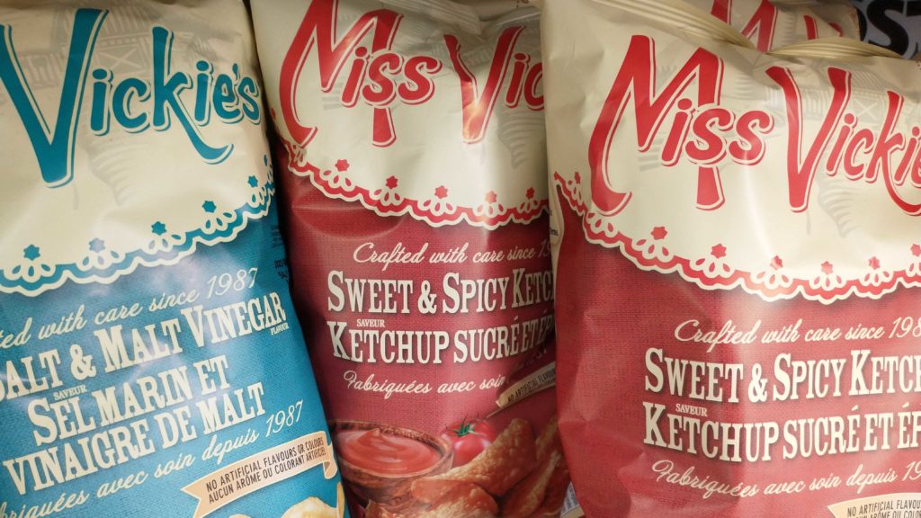 bags of Miss Vickie's potato chips: one salt & malt vinegar and two sweet & spicy ketchup